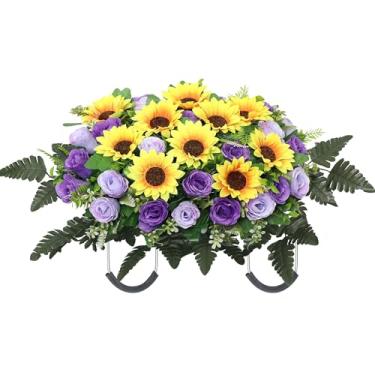 Imagem de Lodou Flores artificiais de cemitério em forma de sela, decoração de lápide grande, flores memorial de girassol rosa (roxo)