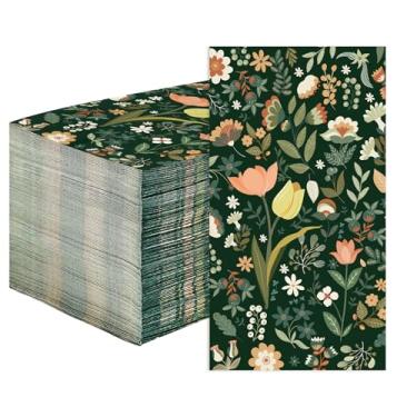 Imagem de 100 peças de guardanapos de papel para decoração floral vintage, 3 camadas, boho chique, papel de decoração descartável, toalhas de mão absorventes verde-escuro, guardanapos florais para jardim