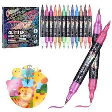 Imagem de KEMYR Canetas marcadoras com glitter, 24 cores com ponta dupla, conjunto de 12 marcadores metálicos brilhantes para cartões, artesanato DIY, rabiscos, escrita, livros de colorir para adultos