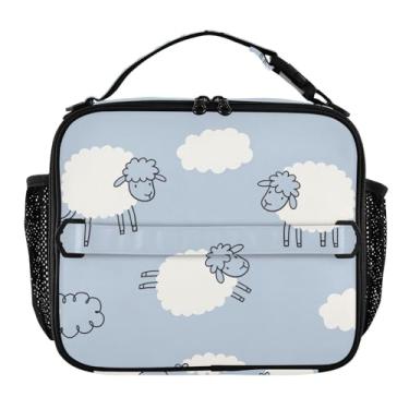 Imagem de Joisal Lancheira azul com desenho animado de ovelhas fofas para mulheres, meninas, lancheira, personalizada, infantil, masculina, lancheira para trabalho, bolsa térmica reutilizável para meninos