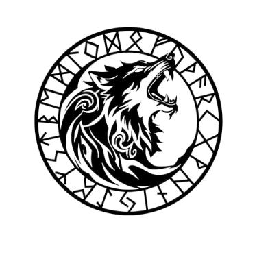 Imagem de Decoração de parede de lobo viking - decoração nórdica arte de metal com design de lobos uivantes e runas nórdicas | Decoração de parede nórdica, decorações de casa viking arte de lobo para casa, ao