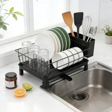 Imagem de Zoyiancy Escorredor de pratos para balcão de cozinha, escorredor de pratos com suporte de utensílios removíveis e drenagem, organizador de pratos com bico de drenagem, 28 cm L x 38 cm C, preto