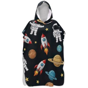 Imagem de Joisal Poncho de surfe trocador de roupão para adultos toalha de natação com capuz fofo reutilizável bonito astronauta planetas preto masculino poncho com capuz