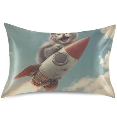 Imagem de Capas de almofada cinza gato foguete engraçado animal cetim para travesseiro de resfriamento de cabelo animal padrão rei queen capas de travesseiro presentes de cama confortáveis, tamanho king, 101,6