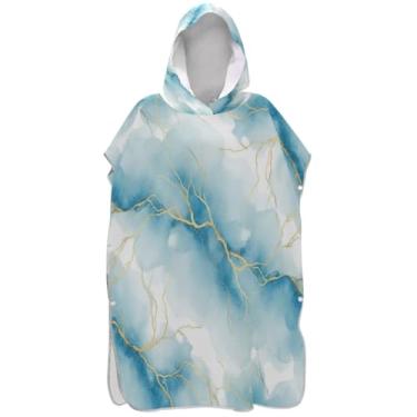 Imagem de Joisal Poncho de surf em mármore aquarela azul branco para adultos trocador com capuz toalha de banho bonito de secagem rápida ponchos femininos com capuz