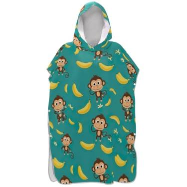 Imagem de Joisal Roupão para adultos, poncho de surfe, com capuz, toalha de praia estampada, poncho masculino vestível com capuz, macacos fofos, bananas, azul-petróleo
