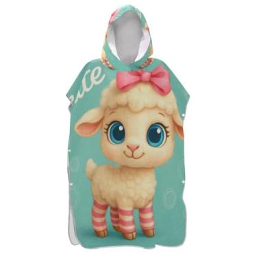 Imagem de Linda capa de toalha de praia com capuz verde cordeiro de secagem rápida para crianças e adultos roupão de mudança de piscina, tamanho único