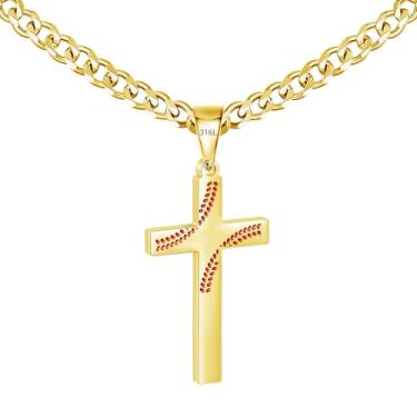 Imagem de Avotto Colar de aço inoxidável 316L com cruz de beisebol/futebol/futebol para homens, meninos, prata, ouro, preto, masculino, 5 mm, corrente cubana resistente que não desbota com pingente de cruz 45