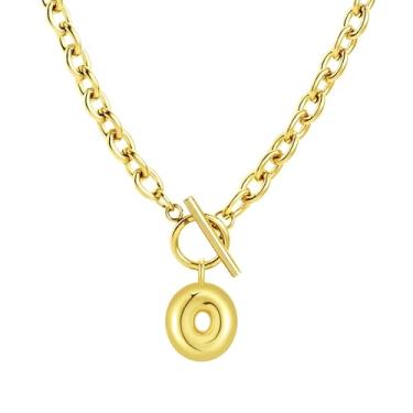 Imagem de Fiiuos Colar com inicial para mulheres, banhado a ouro 18 K, delicada, com pingente de letra bolha personalizada, corrente de elos grossos de clipe de papel com fecho de botão minimalista, joias de