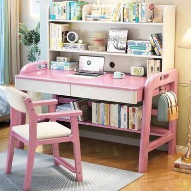 Imagem de HGTRH Mesa de estudo para adultos/estudantes, escrivaninha com gavetas e cabana, mesa de computador de madeira de carvalho maciça para escritório doméstico em pequenos espaços, com estante e gaveta