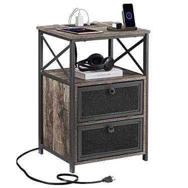 Imagem de VECELO Mesas laterais com estação de carregamento, mesa de cabeceira com 2 gavetas dobráveis e portas USB e tomadas, estrutura de metal resistente para sala de estar, quarto, cinza carvalho