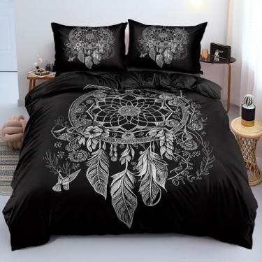 Imagem de Holiyjog Conjunto de cama Black Dream Catcher – Capa de edredom com estampa de penas Boho para adolescentes e adultos – Capa de edredom macia para decoração de quarto boêmio, tamanhos solteiro/casal