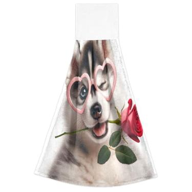 Imagem de Joisal Husky Puppy Toalhas de mão de mola para cachorro dos namorados com laço para pendurar toalhas de dedo de forno ultra absorventes decoração de cozinha moderna conjunto de 2, 18,2 x 14 polegadas