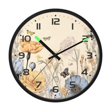 Imagem de SEHANY Herb Wildflower Relógio de parede silencioso sem tique-taque relógio redondo operado por bateria 30 cm controle de som luz noturna relógios de parede para sala de estar, cozinha, quarto