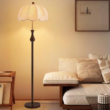 Imagem de Luminária de chão alta em tecido com acabamento em imitação de madeira, soquete E27, 3 cores de intensidade de luz e interruptor de pé – perfeita para sala de estar, quarto, sala de jantar e