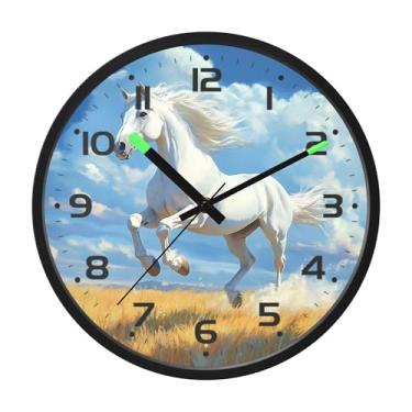 Imagem de SEHANY Relógio de parede artístico majestoso cavalos silencioso, sem tique-taque, relógio redondo operado por bateria, controle de som, luz noturna, relógios de parede para sala de estar, cozinha