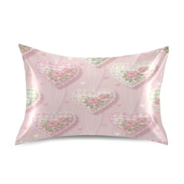 Imagem de Blueangle Fronha de cetim refrescante para cabelo e pele, fronha de coração rosa, tamanho padrão 51 x 66 cm com fecho de envelope (690)