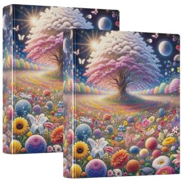 Imagem de Fichário de três anéis com cenário de árvore de campo de flores personalizadas, 3,5 polegadas, 200 folhas, portfólio de impressão, fichário de anel redondo fofo, fichário de apresentação, 31,5 x 27 x