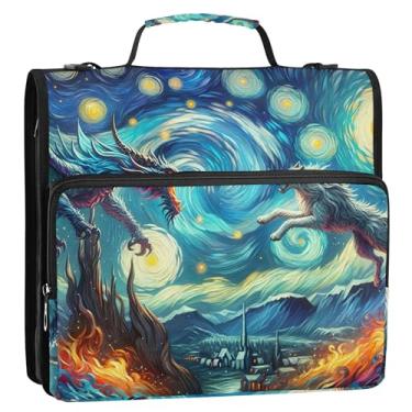 Imagem de Lobo Dragão Noite Estrelada 3,8 cm 3 argolas D anel organizador de fichário escolar bolsa com alça de ombro portfólio e estojo suporte de pasta de anel