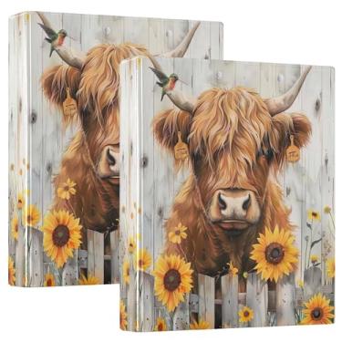 Imagem de Fichários personalizados de girassóis de gado Highland 3 cm com 3 anéis para 200 folhas, pastas, anel redondo, 31,5 x 27 x 6 cm, pacote com 2