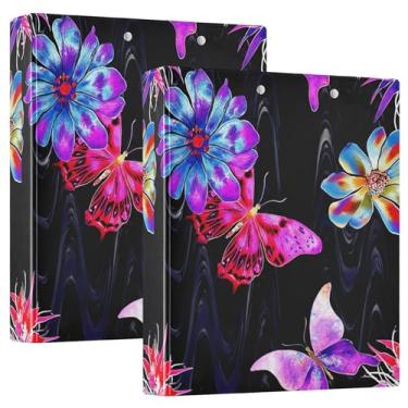 Imagem de Fichários de três anéis personalizados com flores de borboleta coloridas de 3 cm, 200 folhas, fichário de apresentação de anel redondo, 31,5 x 27 x 6 cm, pacote com 2