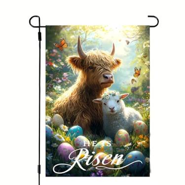 Imagem de He is Risen Bandeiras de jardim de Páscoa para exterior 30 x 45 dupla face, pequena serapilheira de serapilheira primavera floral highland vaca cordeiro bandeira de jardim decorações de páscoa