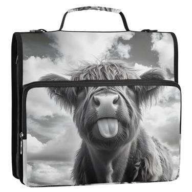 Imagem de Pasta organizadora monocromática de língua de vaca Highland com 3 anéis de 3,8 cm com zíper e alça para diversão na escola, vários bolsos, pasta grande para portfólio