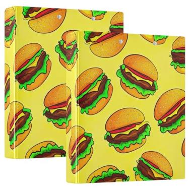 Imagem de Fichários de 3 anéis amarelos de 3 hambúrgueres de desenhos animados personalizados com 3 argolas para 200 folhas, portfólio, anel redondo, fichário, 31,5 x 27 x 6 cm, pacote com 2