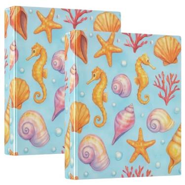 Imagem de Fichários azuis Seahorse Sea Shells de 3 cm, 3 anéis, 200 folhas, estampas de animais, 3 pastas, anel redondo, fichário resistente, 31,5 x 27 x 6 cm, pacote com 2
