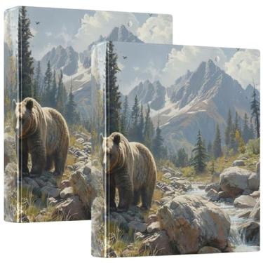 Imagem de Fichários personalizados com 3 anéis para montanhas de urso pardo de 3 cm comporta 200 folhas de fichário bonito com estampa de portfólio, fichários resistentes, 31,5 x 27 x 6 cm, pacote com 2
