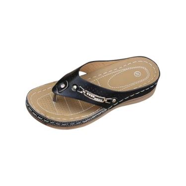 Imagem de Chinelo feminino moderno casual primavera e verão estilo confortável fivela de metal dedo aberto bico aberto salto cunha, Preto, 36