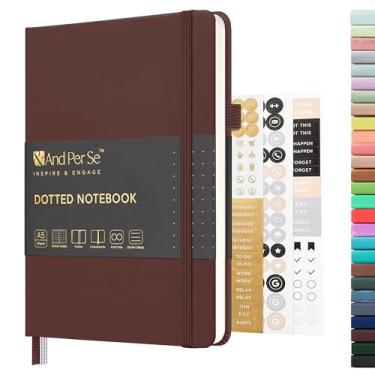 Imagem de &And Per Se Caderno pontilhado, diário pontilhado de couro de capa dura A5, 160 páginas, papel grosso de 100 g/m², 3 folhas de adesivos incluídos - 14 x 20 cm (chocolate)