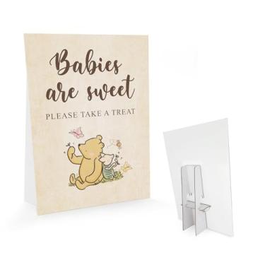 Imagem de Placa de chá de bebê Winnie - Babies Are Sweet Please Take A Treat, decorações clássicas de chá de bebê de urso Pooh, mesa de sobremesas, placa de decoração de barra de doces, sinais reveladores de