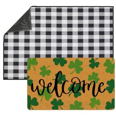 Imagem de Tinideya 2 capacho de boas-vindas com trevo de quatro folhas, 58 x 89 cm, Dia de São Patrício, tapete xadrez búfalo em camadas, coquete, antiderrapante, verde, para entrada, varanda, interior