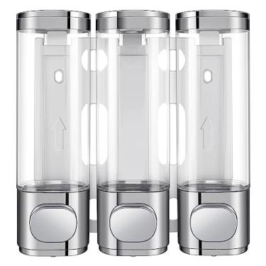 Imagem de YIAOZ Dispensador e organizador de bomba de chuveiro 3 em 1 montado na parede, com etiqueta à prova d'água - pode ser usado para xampu, condicionador, loção corporal, sabonete líquido