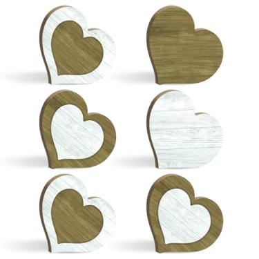 Imagem de Putuo Decor Conjunto de 6 decoração de mesa MDF coração dos namorados, aparência rústica de madeira de fazenda e corações brancos, blocos independentes de prateleira para cornija, bandeja em camadas