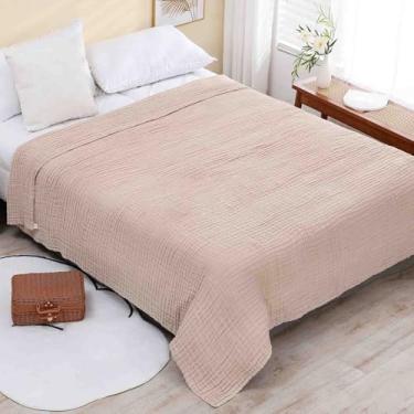 Imagem de Cobertores e mantas fofas femininas masculinas para cama cachecol adulto longo duplo solteiro para sofá toalha de banho absorvente algodão gaze quente macio e confortável (bege, 130 x 150 cm)
