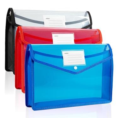 Imagem de Pasta de arquivo expansível de plástico, pastas para documentos, envelopes transparentes com fecho elástico, suporte organizador de pasta de arquivo, grande capacidade, tamanho carta/A4 (3 peças)