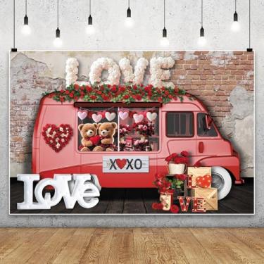Imagem de 2,1 x 1,5 m, cenário de feliz dia dos namorados, doce, amor, dois ursos, carro vermelho, rosa, flores, coração, tijolo, parede, fotografia, fundo, para casamento, chá de panela, cerimônia, dia dos
