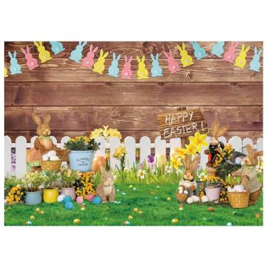 Imagem de Qian 2,1 x 1,5 m Fundo de parede de madeira para fotografia de páscoa com ovos coloridos, gramado, coelho, fofo, decoração de aniversário para bebês e crianças