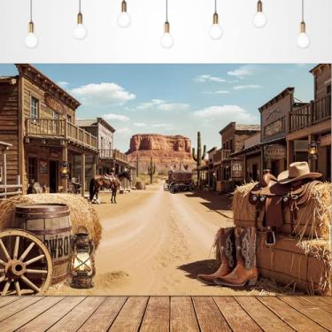 Imagem de Glawry Pano de fundo da cidade ocidental para fotografia 19 x 14 metros vintage rústico country cowboy casa de fazenda casa de madeira marrom cavalo oeste selvagem decorações de festa exterior sessão
