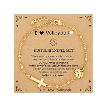 Imagem de Embtrem Pulseira feminina de vôleibol/basquete banhada a ouro, corrente de elos cruzados, acessórios esportivos de aniversário, joias cristãs, presentes para jogadores de treinadores de equipe, Large