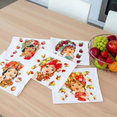 Imagem de Pano De Prato Artesanato Bonecas Frutas Tropicais Kit C/5 - DRK