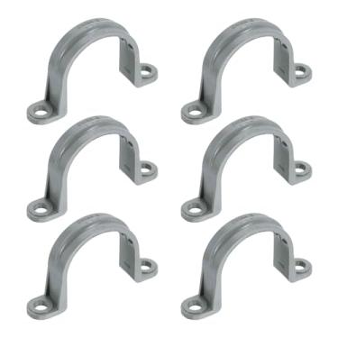 Imagem de HARFINGTON Tiras de tubo de PVC de 3,5 cm, 6 peças de braçadeiras de conduíte de plástico com furo duplo em forma de U com nervuras antiderrapantes para fixação de cabos de tubo de tubo (cinza)