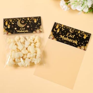 Imagem de Eid Mubarak Treat Bag Toppers, Black Gold Paper Card Head with Flat Mouth OPP Bag, Moon Designs Goodie Wrapping Pouch Toppers for Muslim Gifts, Islamic Muslim Theme Party Supplies