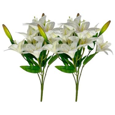 Imagem de ATFL Flores de lírio artificiais, 18 cabeças, 5 garfos de haste longa, buquês de flores falsas de tigre e lírio para casa, hotel, escritório, festa, decoração de mesa (2, marfim)