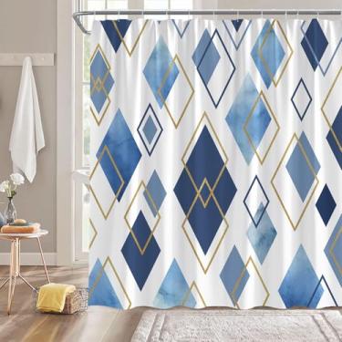 Imagem de ZNLSU Cortina de chuveiro azul moderna abstrata geométrica azul marinho dourado arte minimalista 177.8 cm WX70 H cortina de tecido de banheiro com ganchos