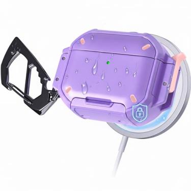 Imagem de MOLOVA Capa para AirPods Pro 3 com trava e mosquetão, [proteção de nível militar] [IP68 à prova d'água] [suporta carregamento sem fio] capa rígida antiarranhões para AirPods Pro 3ª geração, lavanda