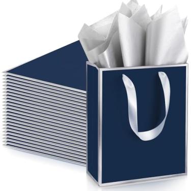 Imagem de Yeaqee Pacote com 24 sacos metálicos de papel para presente com alça e tecido, 24 x 18 x 7 cm, sacos de presente de boas-vindas para casamento, outono, 5 sentidos, Natal, dama de honra, aniversário