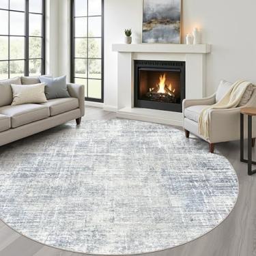 Imagem de Tapete redondo de 2,4 m para sala de estar: 20 x 20 cm lavável grande neutro azul círculo tapete abstrato macio moderno resistente a manchas tapete antiderrapante para quarto berçário crianças